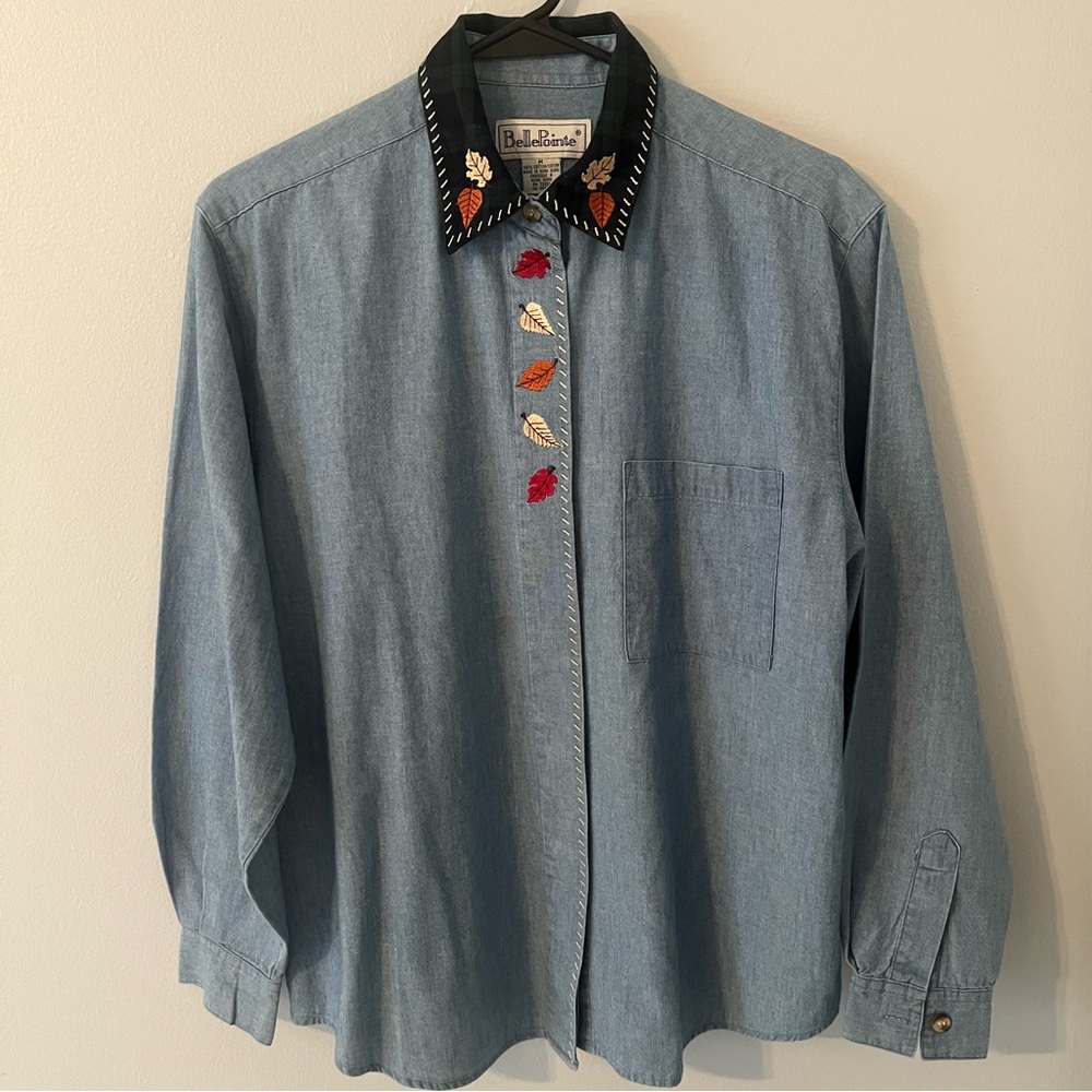 BellePointe Blue Denim Fall Blouse Pointed Collar with Emb Leaves